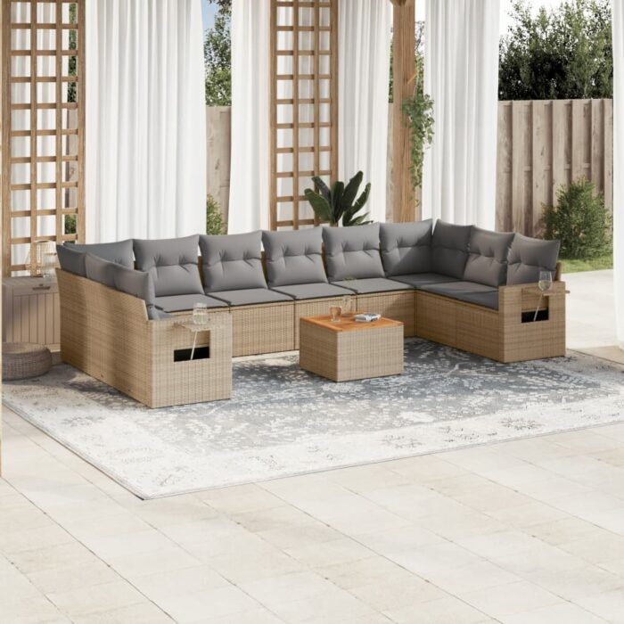 Salon de jardin 11 pcs avec coussins beige résine tressée – Image 1