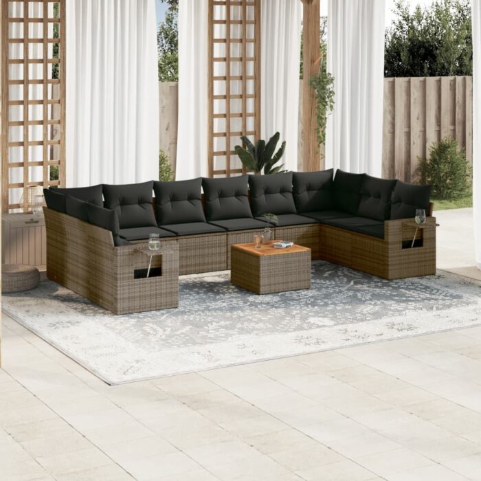 Salon de jardin 11 pcs avec coussins gris résine tressée – Image 1