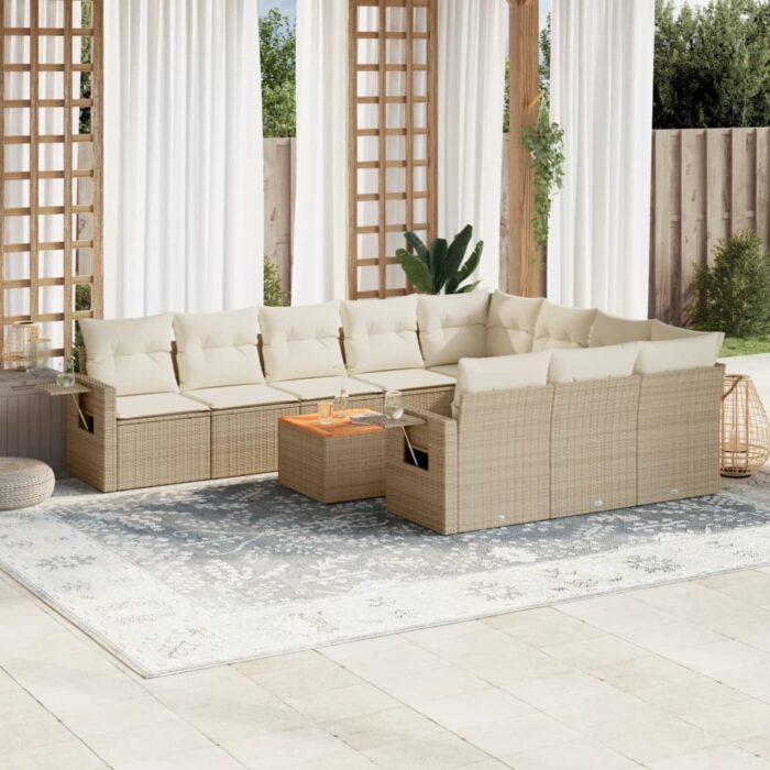 Salon de jardin 11 pcs avec coussins beige résine tressée – Image 1