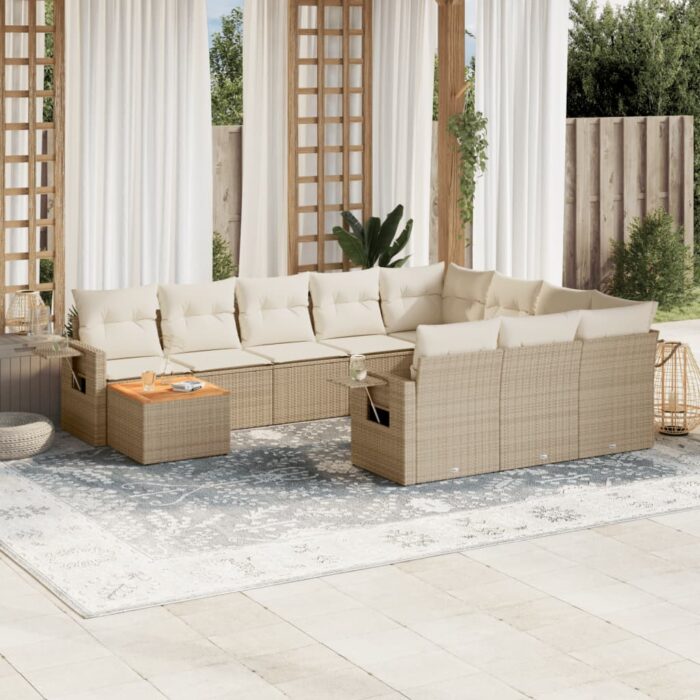 Salon de jardin 11 pcs avec coussins beige résine tressée – Image 1