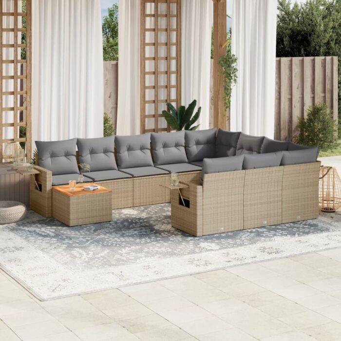 Salon de jardin 11 pcs avec coussins beige résine tressée – Image 1