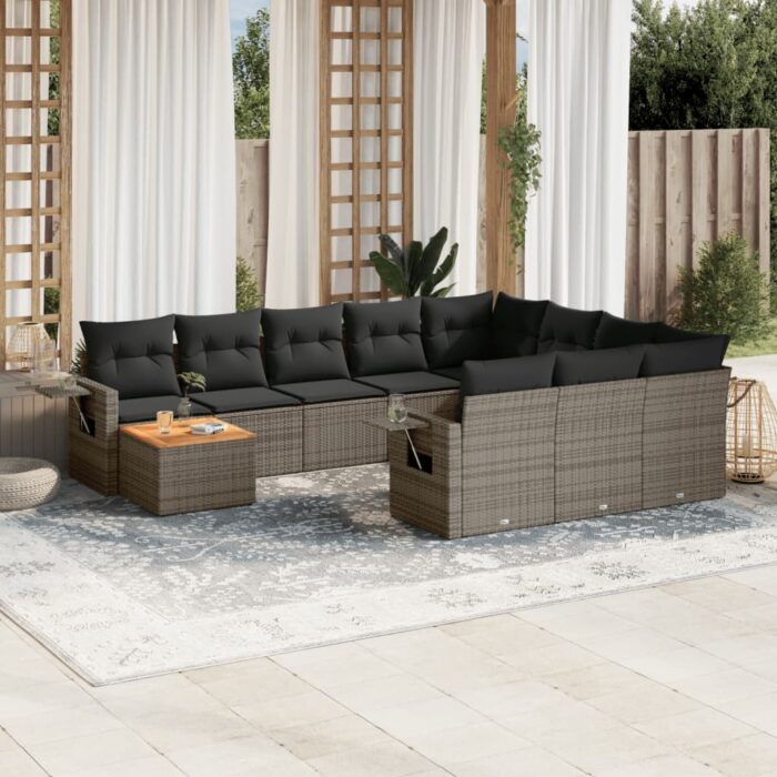 Salon de jardin 11 pcs avec coussins gris résine tressée – Image 1