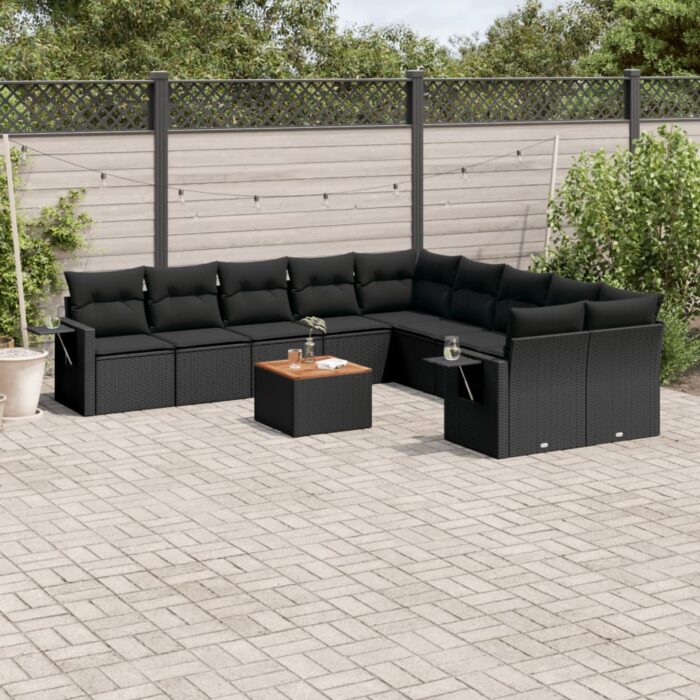 Salon de jardin 11 pcs avec coussins noir résine tressée – Image 1