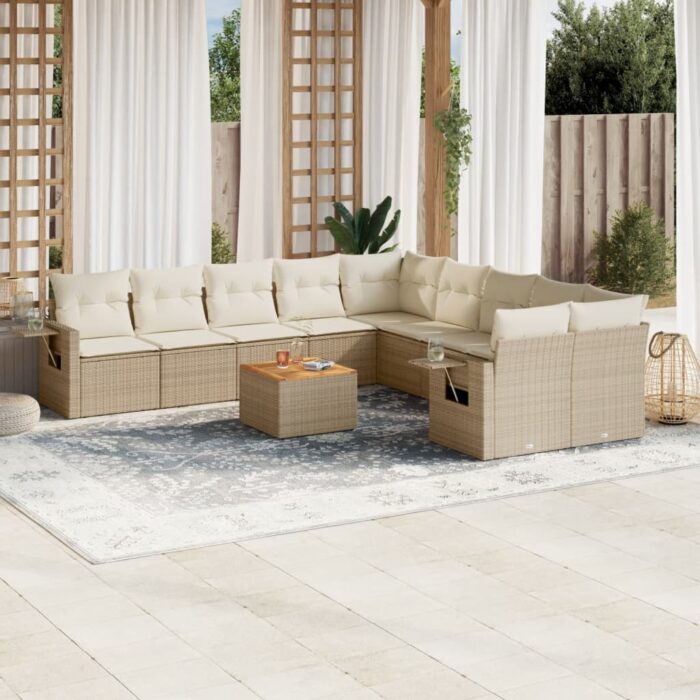 Salon de jardin 11 pcs avec coussins beige résine tressée – Image 1