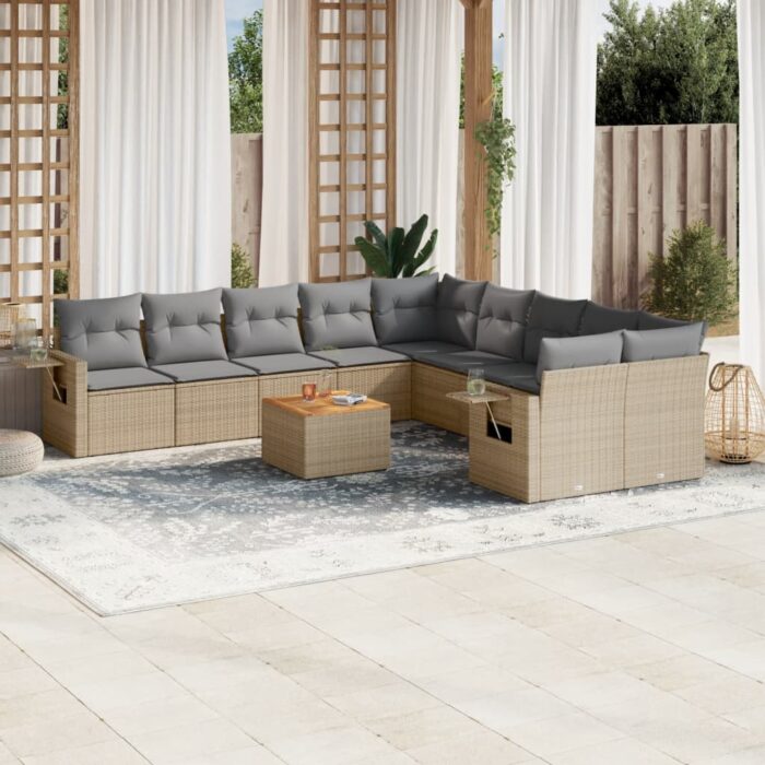 Salon de jardin 11 pcs avec coussins beige résine tressée – Image 1