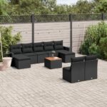 Salon de jardin 10 pcs avec coussins noir résine tressée