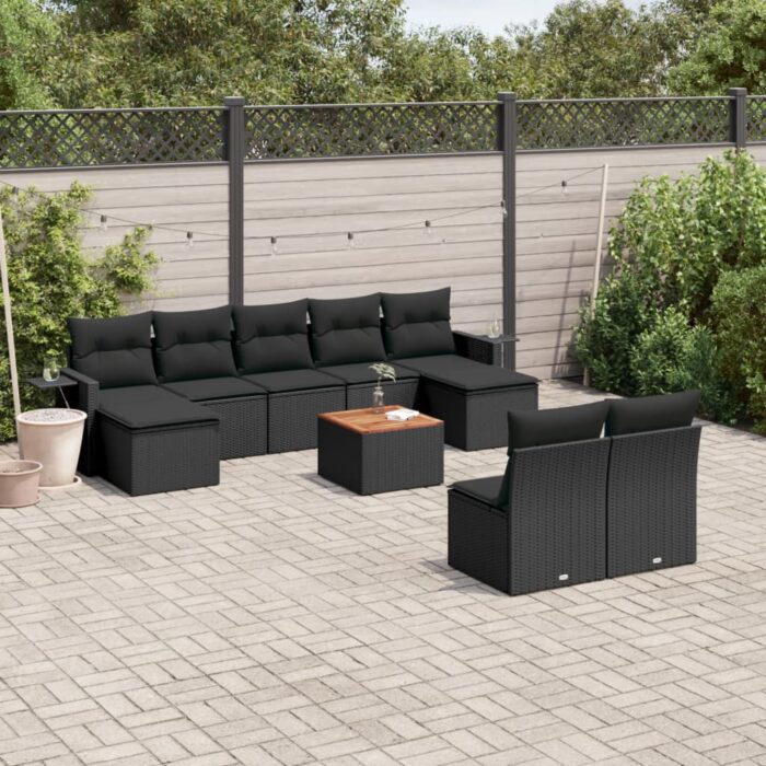 Salon de jardin 10 pcs avec coussins noir résine tressée – Image 1
