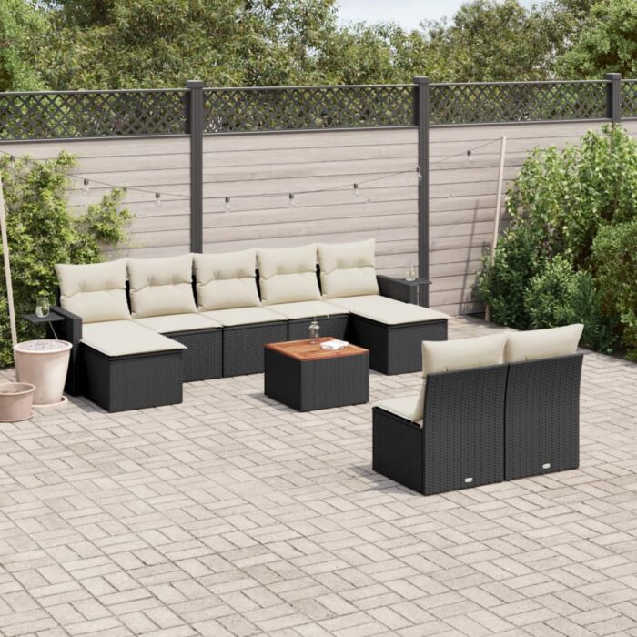 Salon de jardin 10 pcs avec coussins noir résine tressée – Image 1
