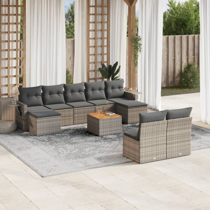 Salon de jardin avec coussins 10 pcs gris résine tressée – Image 1