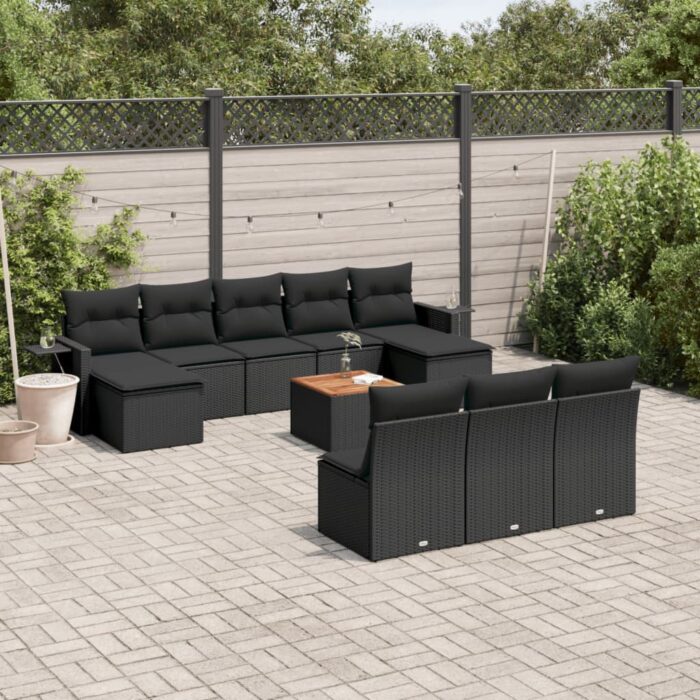 Salon de jardin 11 pcs avec coussins noir résine tressée – Image 1