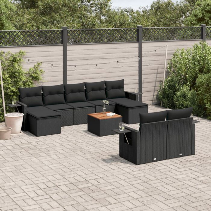 Salon de jardin 10 pcs avec coussins noir résine tressée – Image 1
