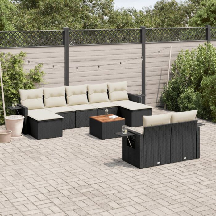 Salon de jardin 10 pcs avec coussins noir résine tressée – Image 1