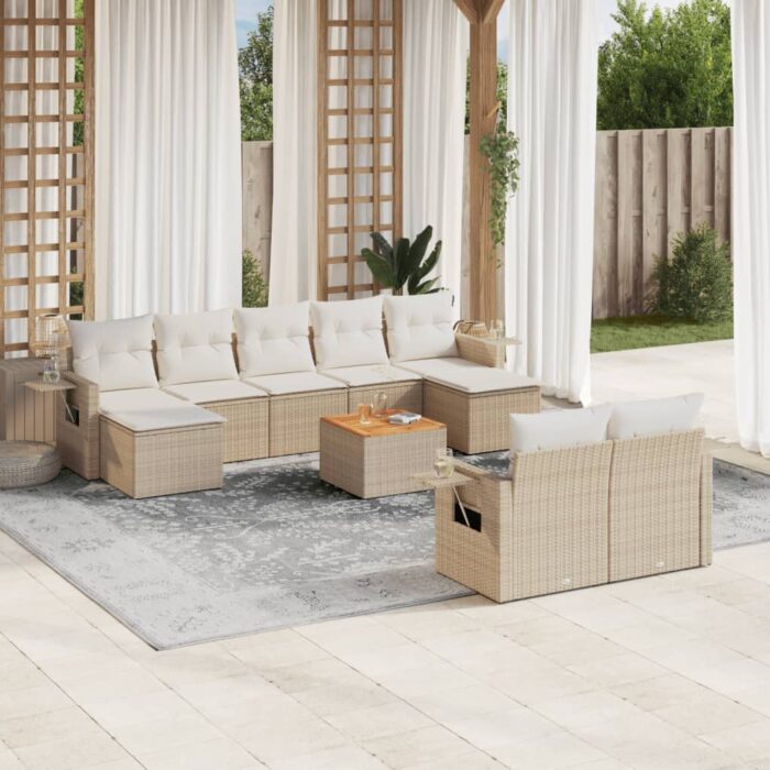 Salon de jardin avec coussins 10 pcs beige résine tressée – Image 1
