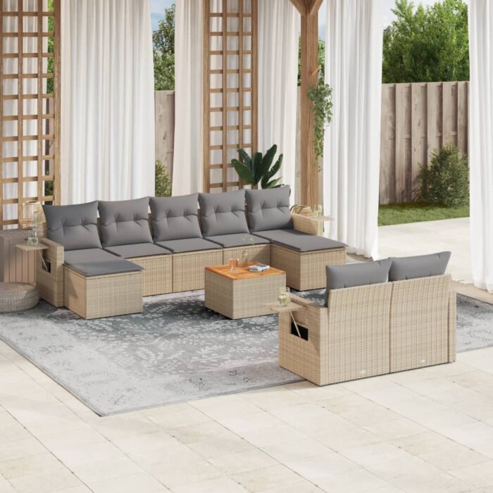 Salon de jardin avec coussins 10 pcs beige résine tressée – Image 1