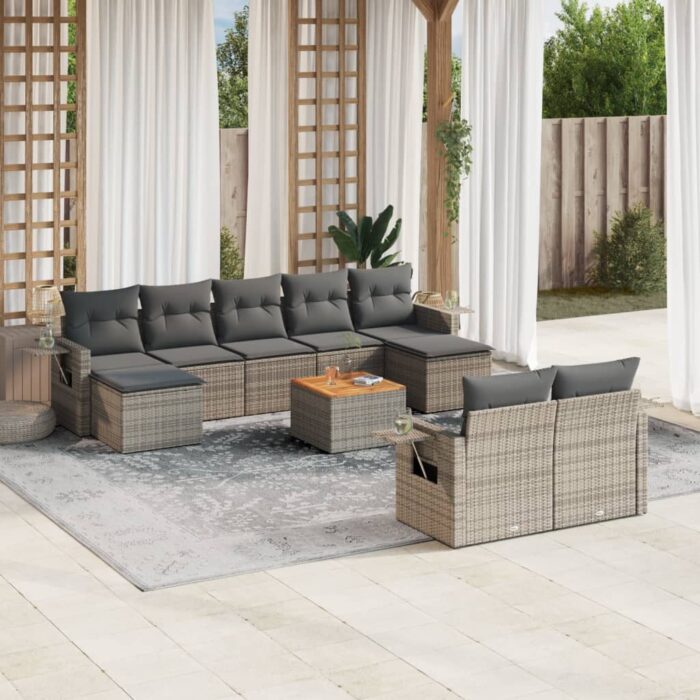 Salon de jardin avec coussins 10 pcs gris résine tressée – Image 1