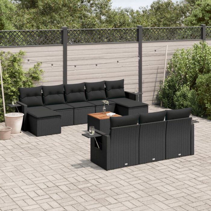 Salon de jardin 11 pcs avec coussins noir résine tressée – Image 1