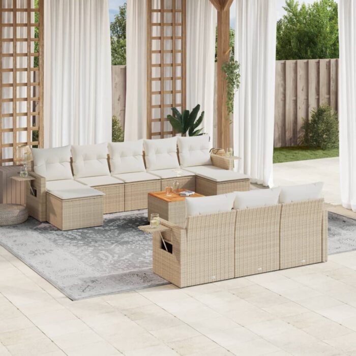 Salon de jardin 11 pcs avec coussins beige résine tressée – Image 1