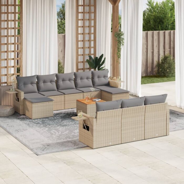 Salon de jardin 11 pcs avec coussins beige résine tressée – Image 1