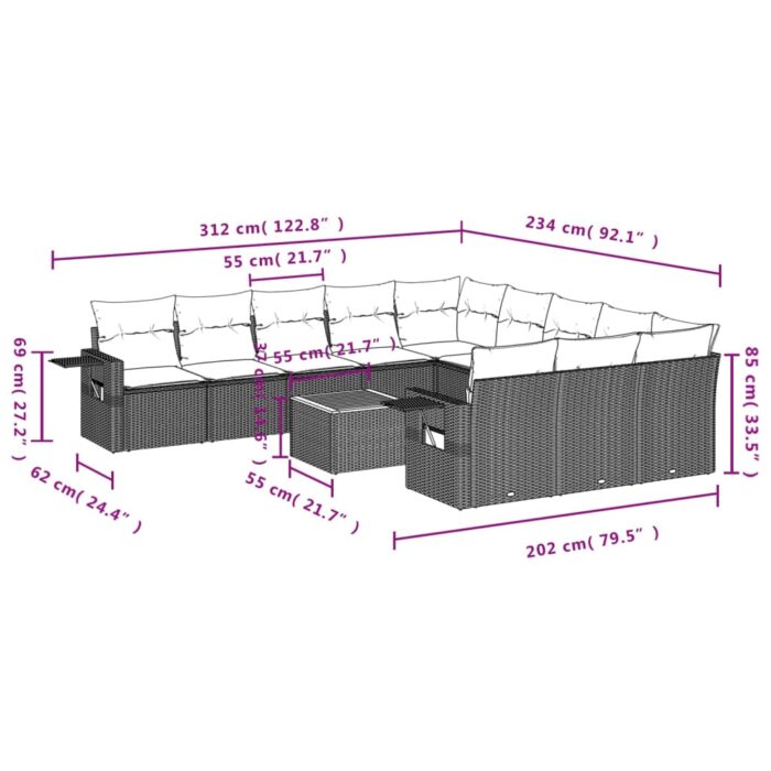 Salon de jardin 12 pcs avec coussins noir résine tressée – Image 7