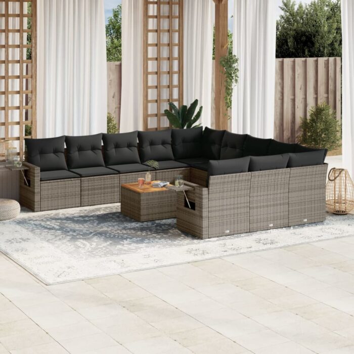 Salon de jardin avec coussins 12 pcs gris résine tressée – Image 1