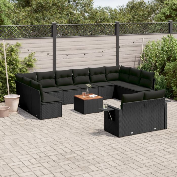 Salon de jardin avec coussins 13 pcs noir résine tressée – Image 1