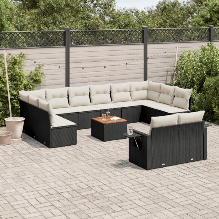 Salon de jardin avec coussins 13 pcs noir résine tressée – Image 1