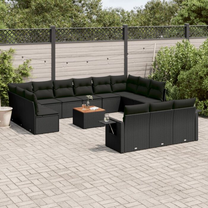 Salon de jardin avec coussins 14 pcs noir résine tressée – Image 1