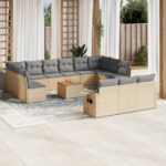 Salon de jardin avec coussins 14 pcs beige résine tressée