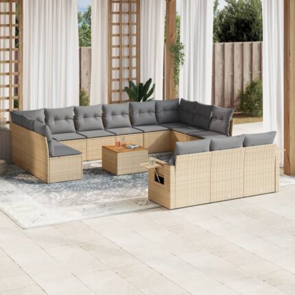Salon de jardin avec coussins 14 pcs beige résine tressée