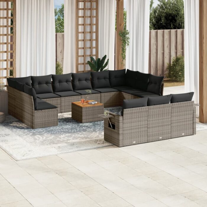Salon de jardin avec coussins 14 pcs gris résine tressée – Image 1