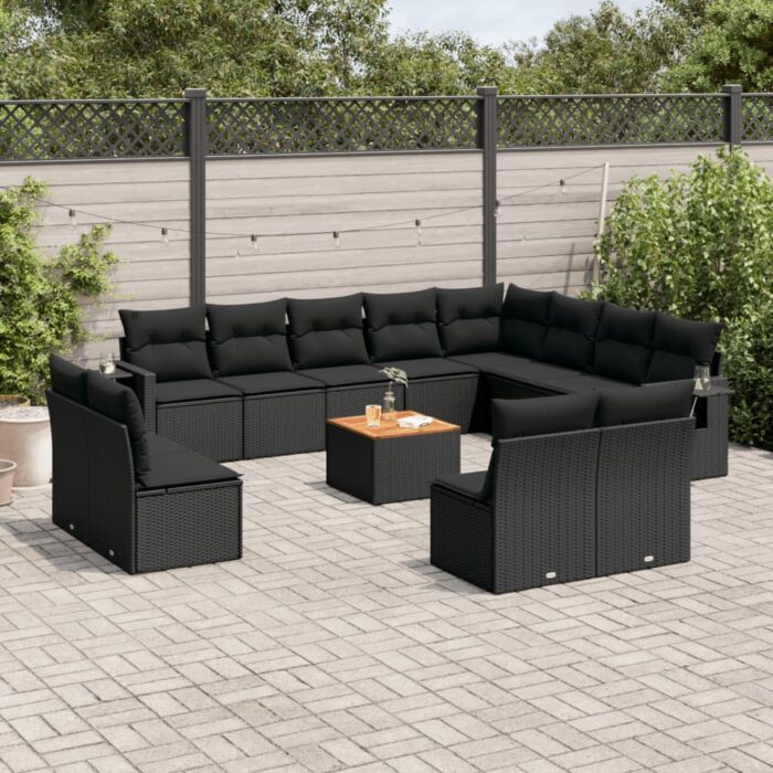 Salon de jardin avec coussins 13 pcs noir résine tressée – Image 1