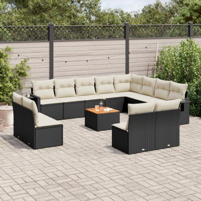 Salon de jardin avec coussins 13 pcs noir résine tressée – Image 1