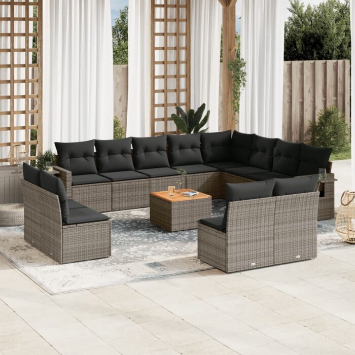 Salon de jardin avec coussins 13 pcs gris résine tressée – Image 1