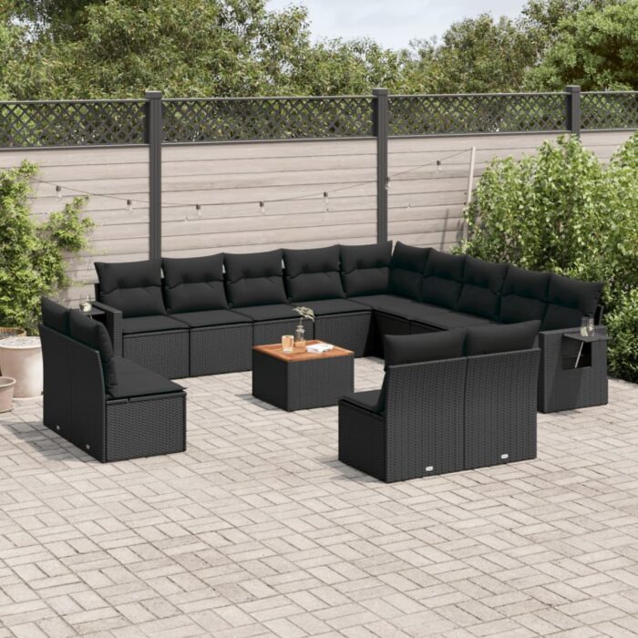 Salon de jardin avec coussins 14 pcs noir résine tressée – Image 1