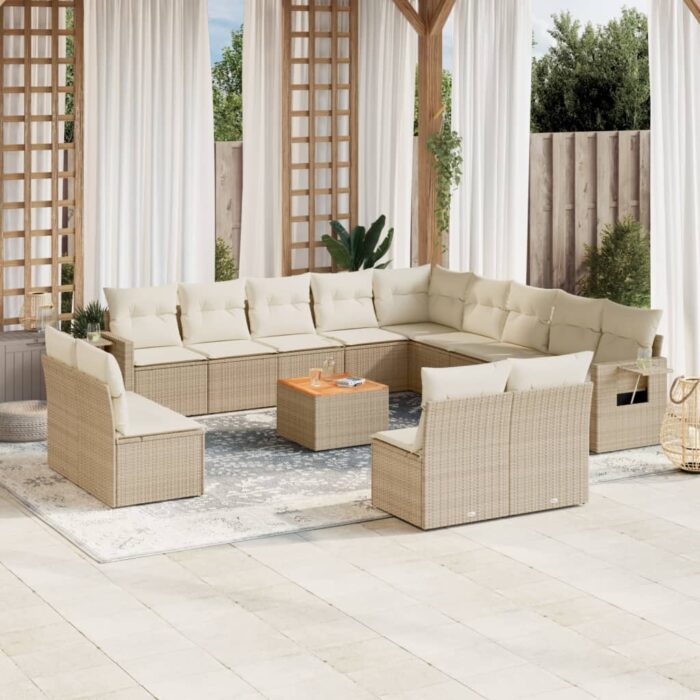 Salon de jardin avec coussins 14 pcs beige résine tressée – Image 1