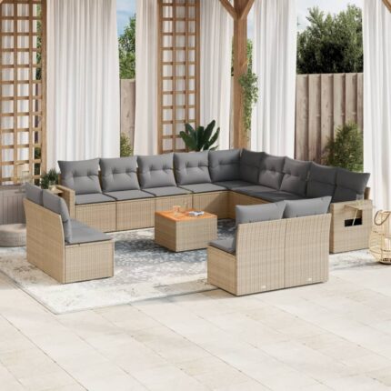 Salon de jardin avec coussins 14 pcs beige résine tressée
