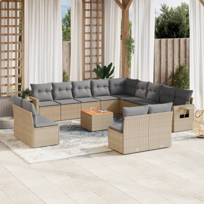 Salon de jardin avec coussins 14 pcs beige résine tressée – Image 1