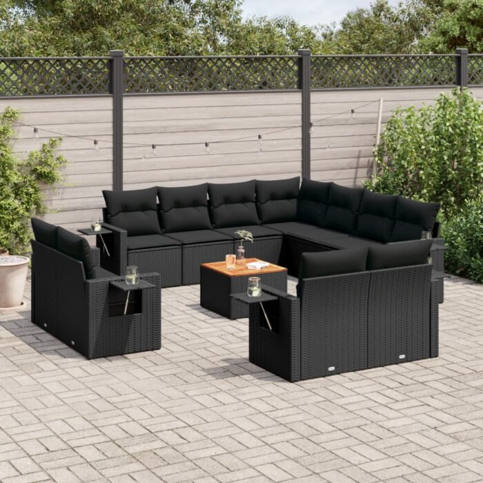 Salon de jardin 12 pcs avec coussins noir résine tressée – Image 1