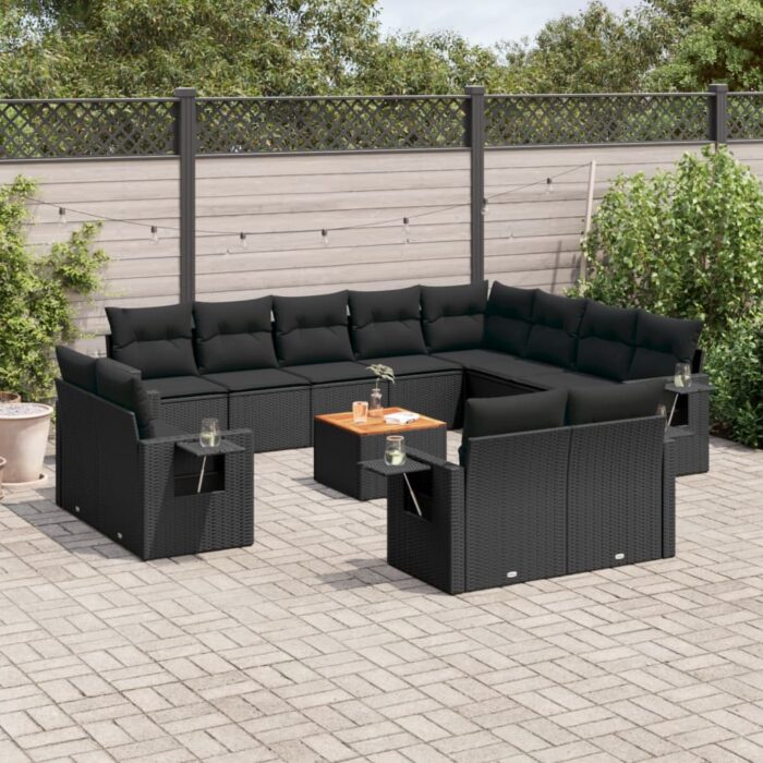 Salon de jardin avec coussins 13 pcs noir résine tressée – Image 1
