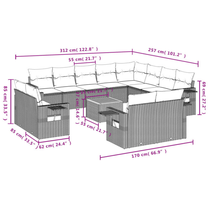 Salon de jardin avec coussins 13 pcs noir résine tressée – Image 6