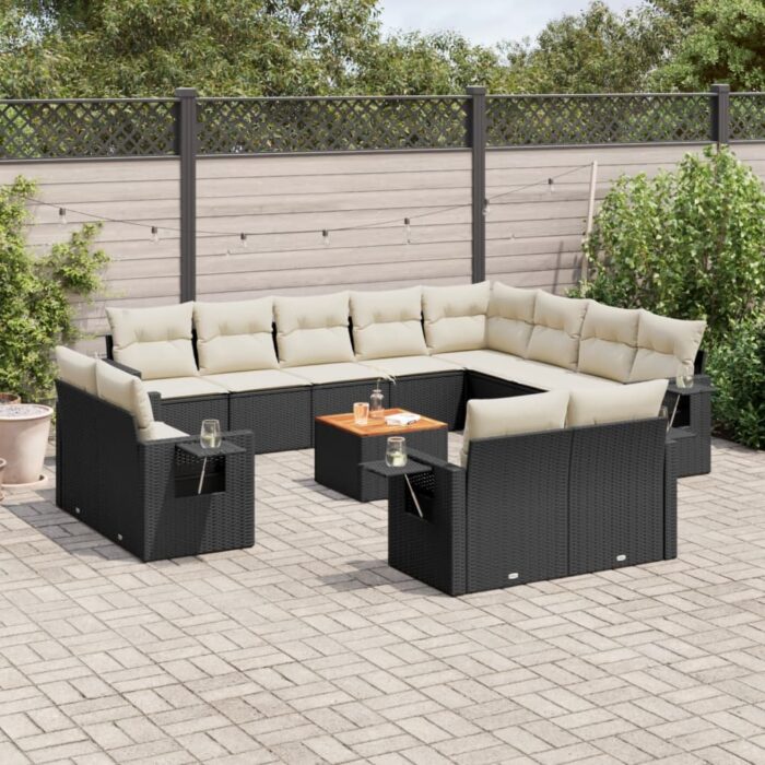 Salon de jardin avec coussins 13 pcs noir résine tressée – Image 1
