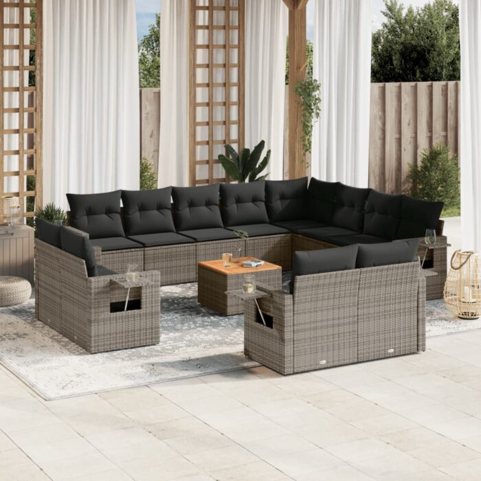 Salon de jardin avec coussins 13 pcs gris résine tressée – Image 1