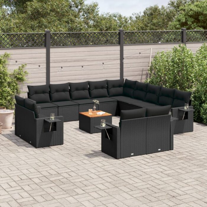 Salon de jardin avec coussins 14 pcs noir résine tressée – Image 1