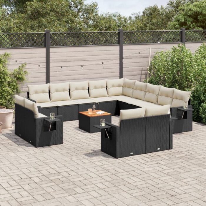 Salon de jardin avec coussins 14 pcs noir résine tressée – Image 1