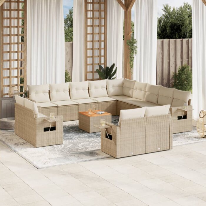 Salon de jardin avec coussins 14 pcs beige résine tressée – Image 1