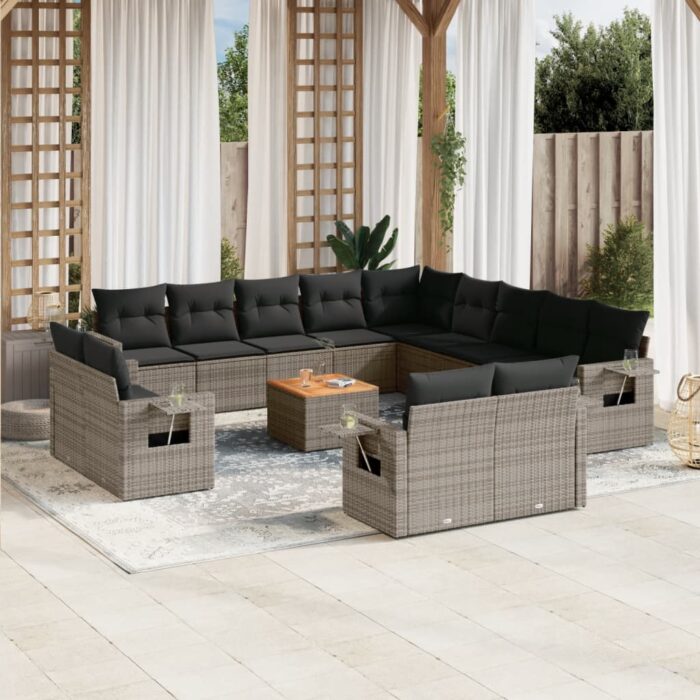 Salon de jardin avec coussins 14 pcs gris résine tressée – Image 1