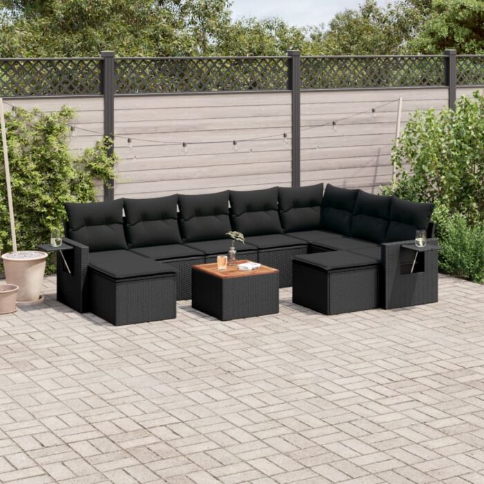 Salon de jardin 10 pcs avec coussins noir résine tressée – Image 1