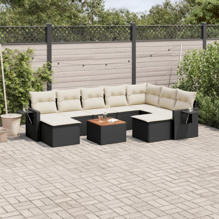 Salon de jardin 10 pcs avec coussins noir résine tressée – Image 1