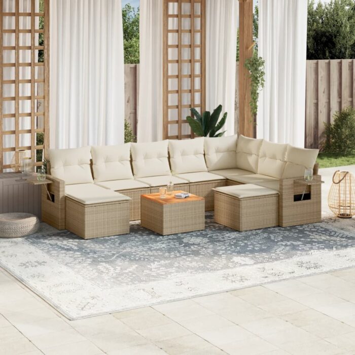 Salon de jardin avec coussins 10 pcs beige résine tressée – Image 1
