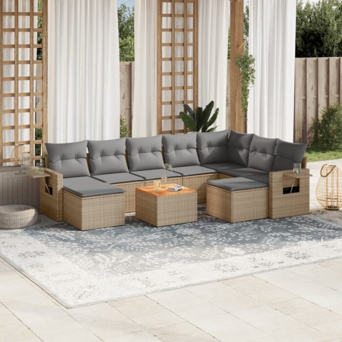 Salon de jardin avec coussins 10 pcs beige résine tressée – Image 1